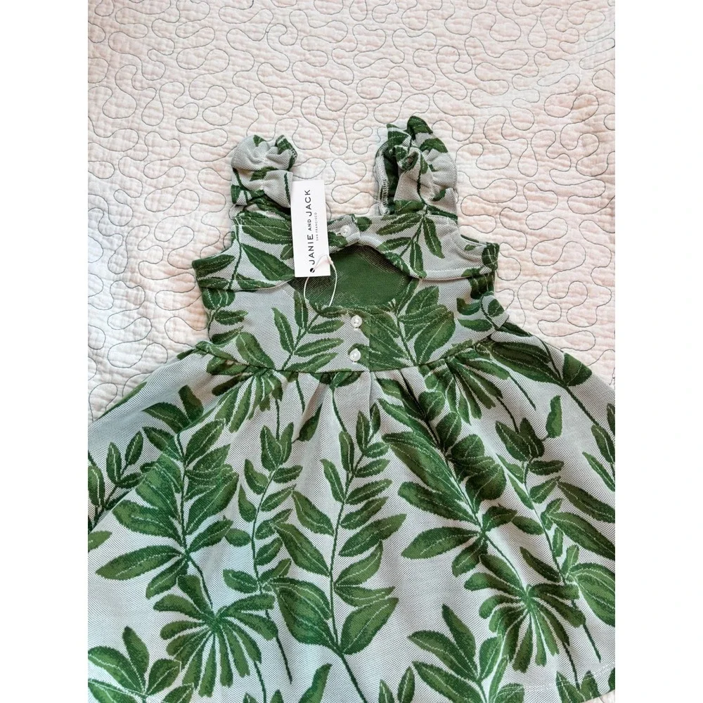 Janie and Jack Girl's Green Tropical Palm‎ Leaf Ruffle Back Cutout Dress 2T